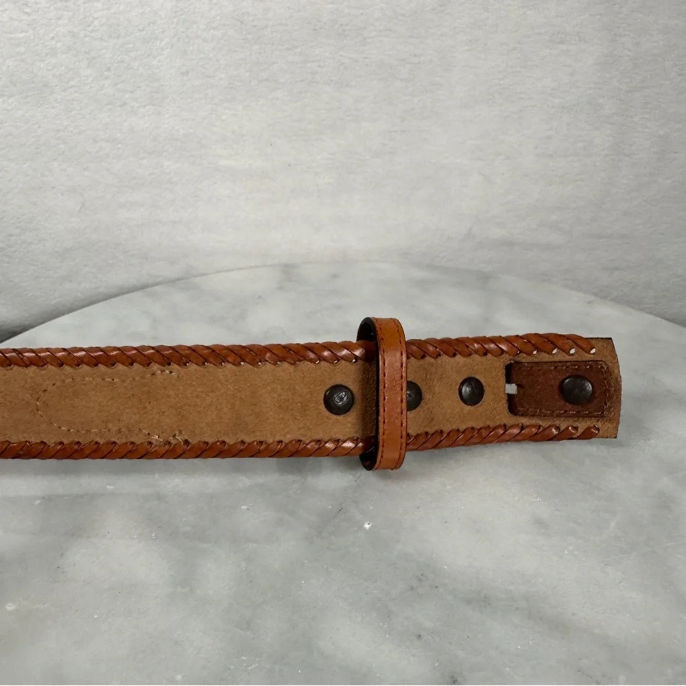 Brown Leather belt western‎ black tooled stitching Silver Buckle cowboy cowgirl